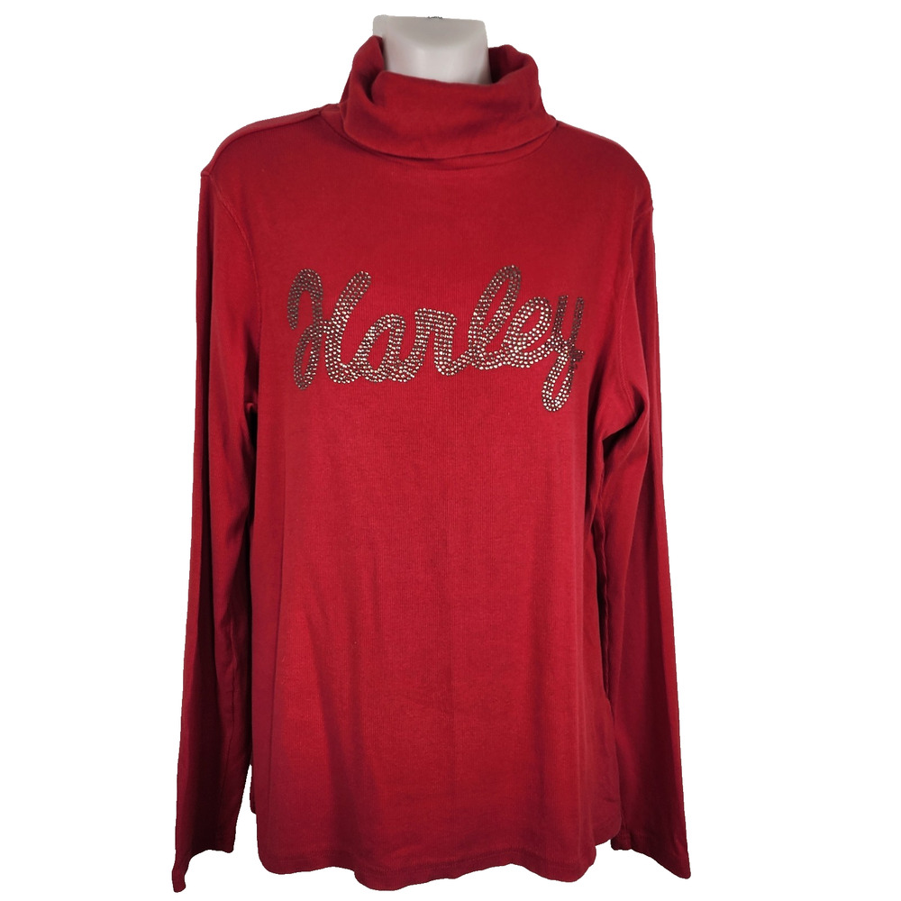 Harley Davidson Womens Turtleneck XL Red Rhinestone Logo Ribbed Stretch Biker